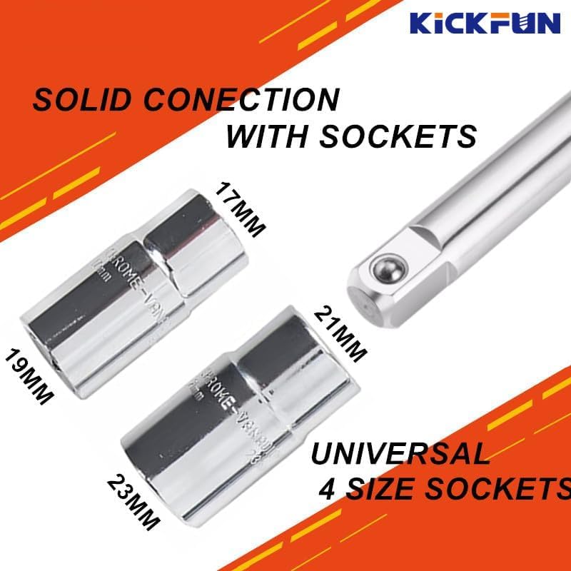 KickFun مفتاح لوج ممتد 25 بوصة مع علبة تخزين، مفتاح صمولة عجلة 4 طرق مع مقابس قياسية (17 مم، 19 مم، 21 مم و 23 مم) - Image 2